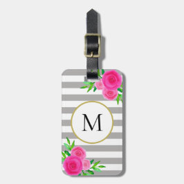 Grått White Rand Rosa Watercolor Blommigt Monogram Bagagebricka