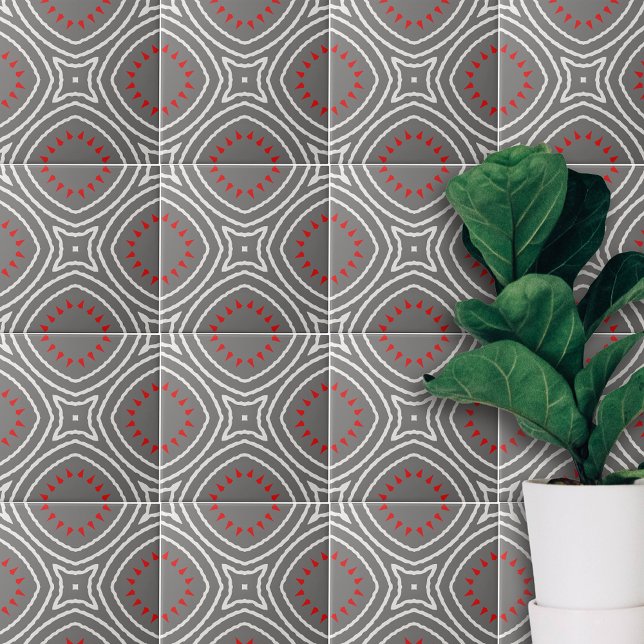 Grått White Red Ethnic Boho Chic Geometric Mönster Kakelplatta (Skapare uppladdad)