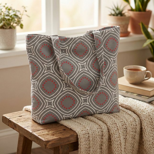 Grått White Red Ethnic Boho Chic Geometric Mönster Tyg (Skapare uppladdad)