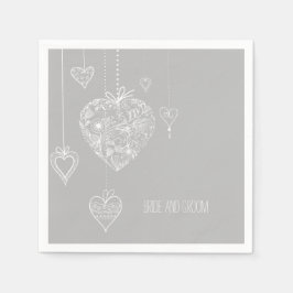 Grått White Romantic Hearts Bröllop Pappersservett
