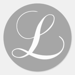 GRÅTT WHITE SCRIPT MONOGRAM INITIAL L BRÖLLOP RUNT KLISTERMÄRKE
