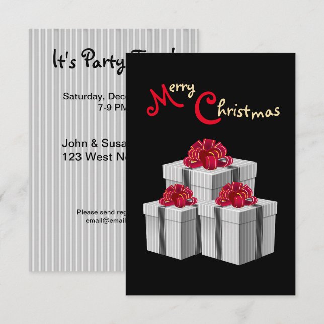 Grått White Streck Red Bow Presenter on Black Inbjudningar (Fram/baksida)