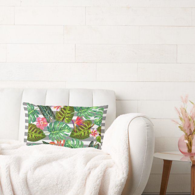 Grått & White Stripe Tropical Löv Dekorativ kudde (Soffa)