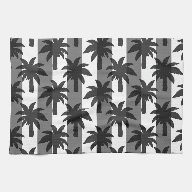 Grått White Tropical Handflatan Träd Rand Design Kökshandduk (Horisontell)