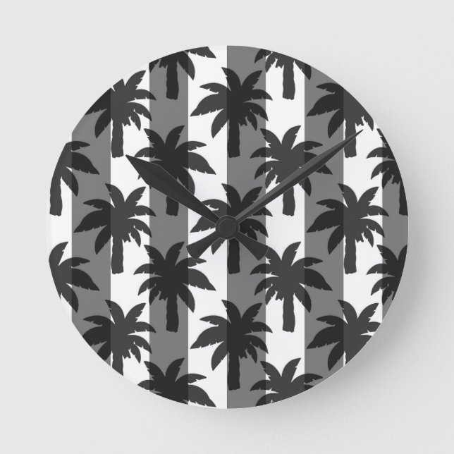 Grått White Tropical Handflatan Träd Rand Design Rund Klocka (Framsida)