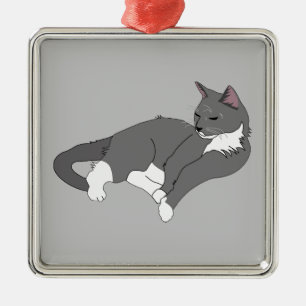 Grått & White Tuxedo Cat Metall Ornament