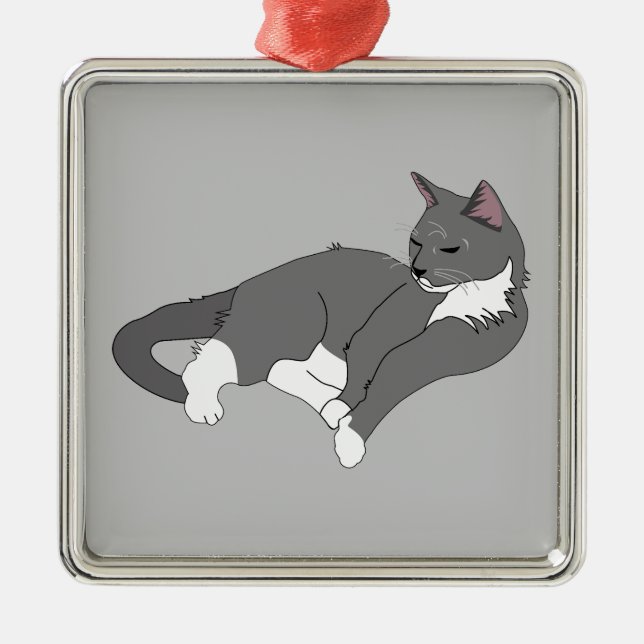 Grått & White Tuxedo Cat Metall Ornament (Framsidan)