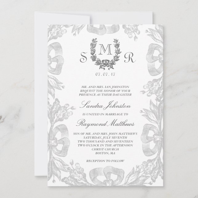 Grått White Vintage Oak Laurel Wedding bjudande Inbjudningar (Framsida)