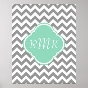 Grått & White Zigzag Anpassningsbar Monogram Poster