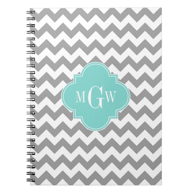 Grått Wht Chevron Aqua Quatrefoil 3 Monogram Anteckningsbok (Framsidan)