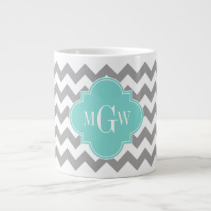 Grått Wht Chevron Aqua Quatrefoil 3 Monogram Jumbo Mugg