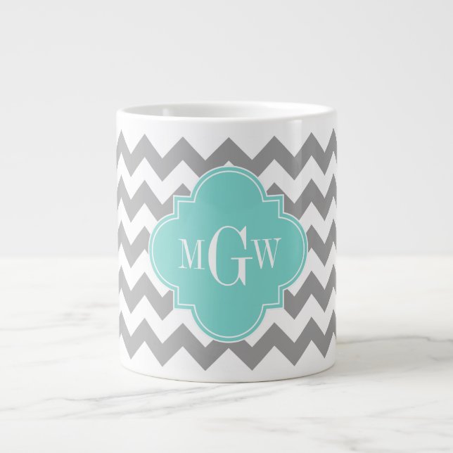 Grått Wht Chevron Aqua Quatrefoil 3 Monogram Jumbo Mugg (Framsidan)