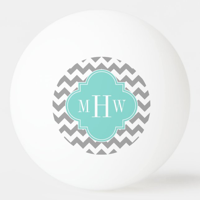 Grått Wht Chevron Aqua Quatrefoil 3 Monogram Pingisboll (Framsidan)