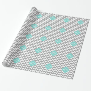 Grått Wht Chevron Aqua Quatrefoil 3 Monogram Presentpapper