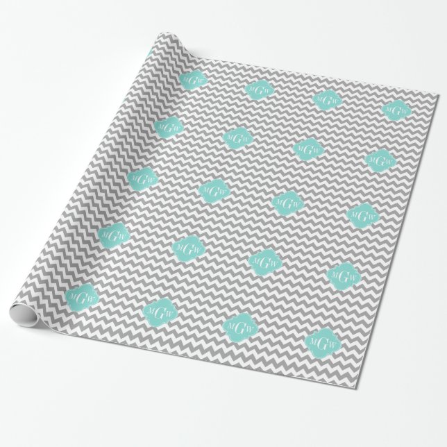 Grått Wht Chevron Aqua Quatrefoil 3 Monogram Presentpapper (Utrullad)