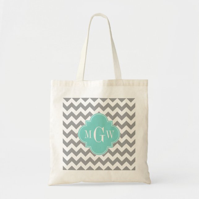 Grått Wht Chevron Aqua Quatrefoil 3 Monogram Tygkasse (Framsidan)