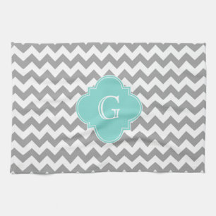 Grått Wht Chevron Aqua Quatrefoil Monogram Kökshandduk