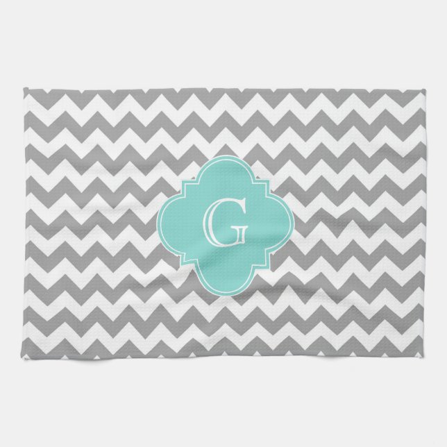 Grått Wht Chevron Aqua Quatrefoil Monogram Kökshandduk (Horisontell)