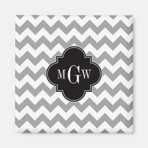 Grått Wht Chevron Black Quatrefoil 3 Monogram Magnet