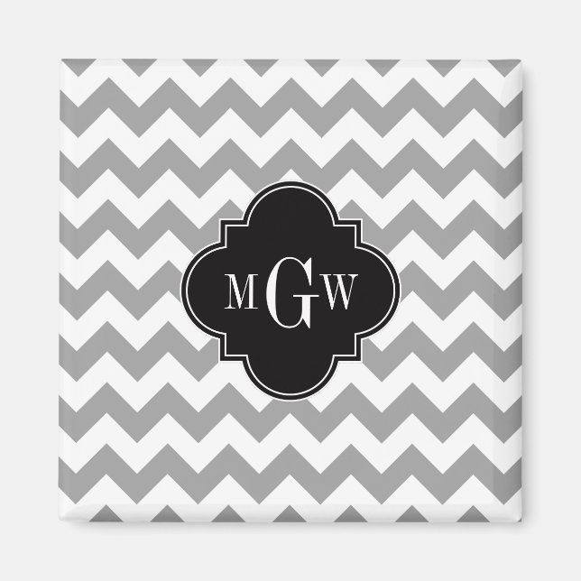 Grått Wht Chevron Black Quatrefoil 3 Monogram Magnet (Framsidan)