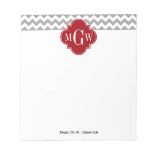 Grått Wht Chevron Cranberry Quatrefoil 3 Monogram Anteckningsblock