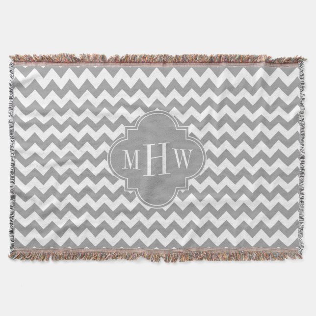 Grått Wht Chevron Dk Grått Quatrefoil 3 Monogram Mysfilt (Framsidan)