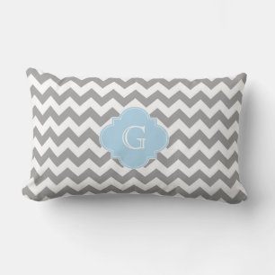 Grått Wht Chevron Lt Blue Quatrefoil Monogram Lumbarkudde