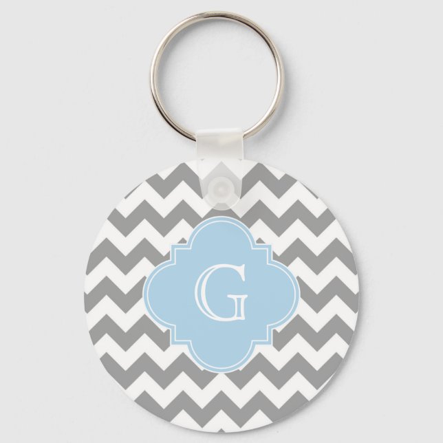 Grått Wht Chevron Lt Blue Quatrefoil Monogram Nyckelring (Framsida)