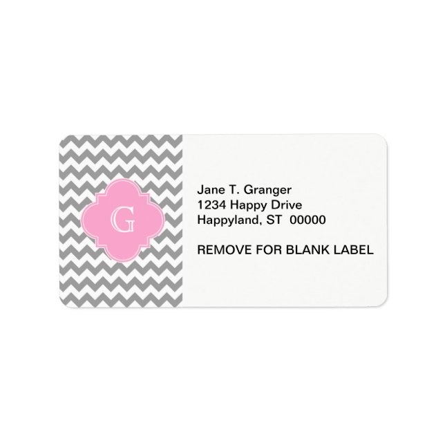 Grått Wht Chevron Rosa Quatrefoil Monogram Adressetikett (Framsidan)