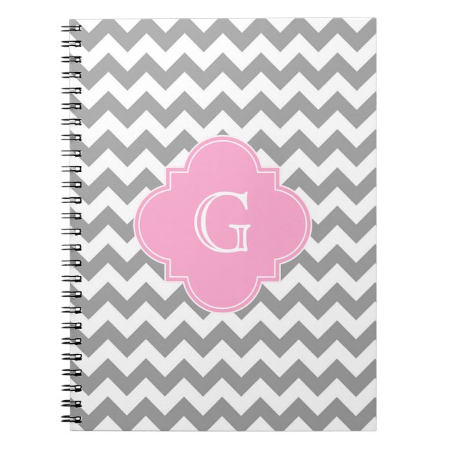 Grått Wht Chevron Rosa Quatrefoil Monogram Anteckningsbok (Framsidan)