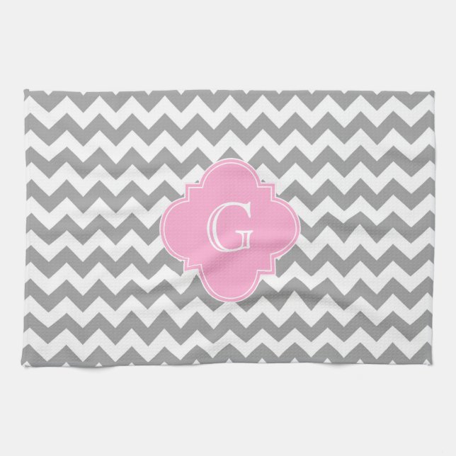 Grått Wht Chevron Rosa Quatrefoil Monogram Kökshandduk (Horisontell)