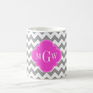 Grått Wht Chevron Shock rosa Quatrefoil 3 Monogram Kaffemugg