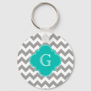 Grått Wht Chevron ZigZag Teal Quatrefoil Monogram Nyckelring