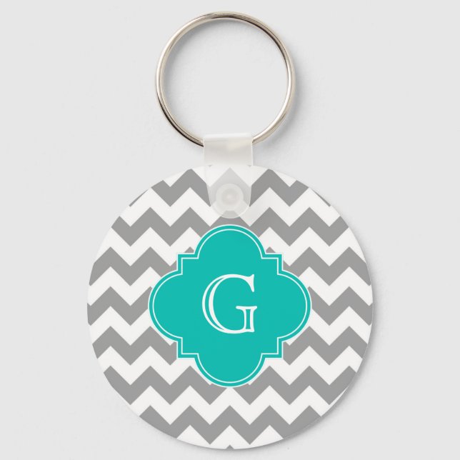 Grått Wht Chevron ZigZag Teal Quatrefoil Monogram Nyckelring (Framsida)