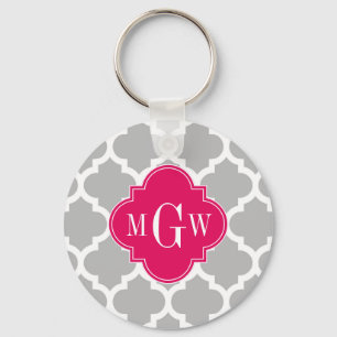 Grått Wht Moroccan #5 Raspberry 3 Initial Monogram Nyckelring