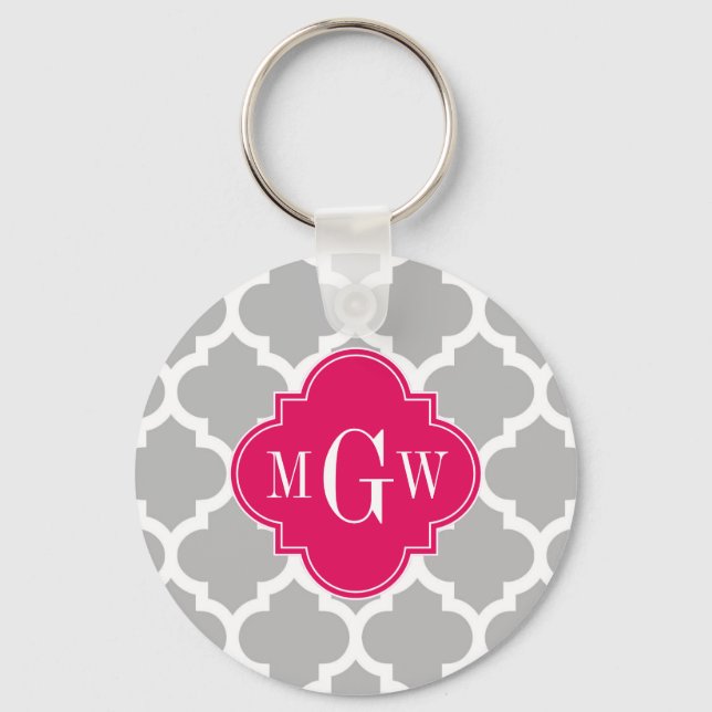 Grått Wht Moroccan #5 Raspberry 3 Initial Monogram Nyckelring (Framsida)