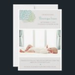 Grått Winter Flowers Photo Birth Notice Meddelande<br><div class="desc">En elegant och ett enkelt födelsemeddelande med uppgifter om grått,  blått och grönt blommigt. Mycket ren och minimalistisk med en rektangulär fotomall där du kan infoga foto från baby.</div>