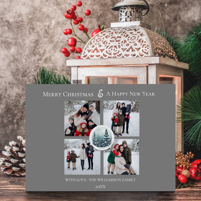 Grått Winter Forest Blommigt Photo Collage Julkort (Gray Winter Forest Floral Photo Collage Holiday Card)