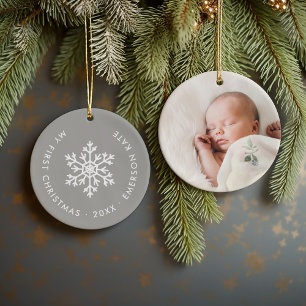 Grått Winter Snowflake Första jultomten Julgransprydnad Keramik
