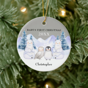 Grått Winter Woodland Animal Baby Första jul Julgransprydnad Keramik