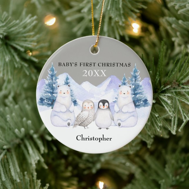 Grått Winter Woodland Animal Baby Första jul Julgransprydnad Keramik (Träd)