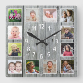 Grått Wood 12 Family Photo Collage Beach House Fyrkantig Klocka