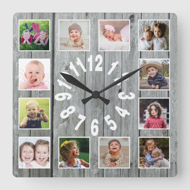 Grått Wood 12 Family Photo Collage Farmhouse Fyrkantig Klocka (Framsida)