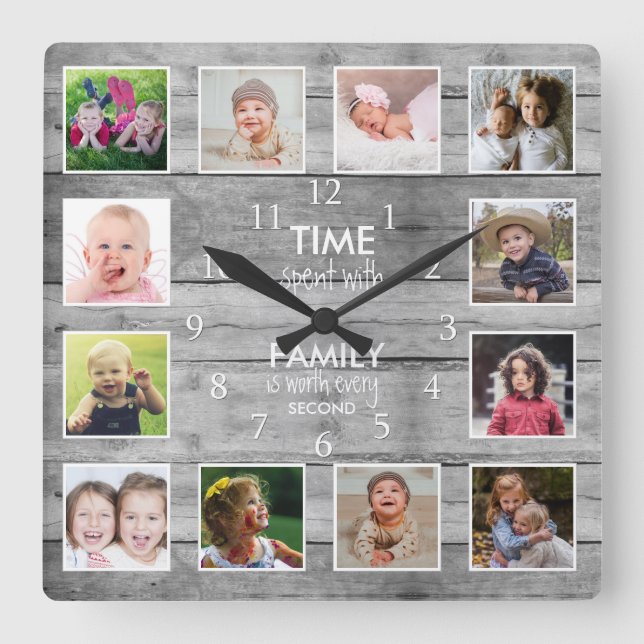 Grått Wood 12 Photo Template Time Family Quote Fyrkantig Klocka (Framsida)
