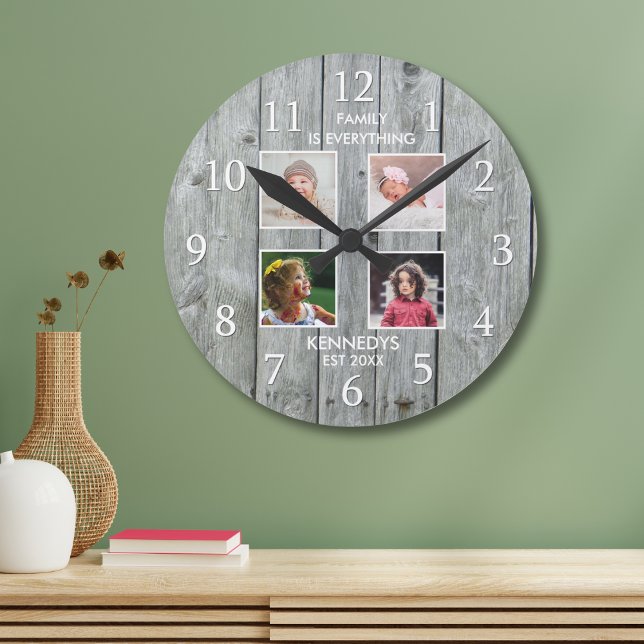 Grått Wood 4 Photo Collage Family Namn-citat Rund Klocka (Gray Wood 4 Photo Collage Family Name Quote Round Clock)