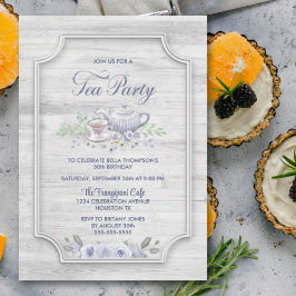 Grått Wood Birthday Tea Party Inbjudningar