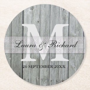 Grått Wood Bride and Groom Bröllop Monogram Underlägg Papper Rund