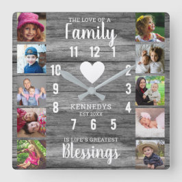 Grått Wood Family Quote 10 Square Photo Collage Fyrkantig Klocka