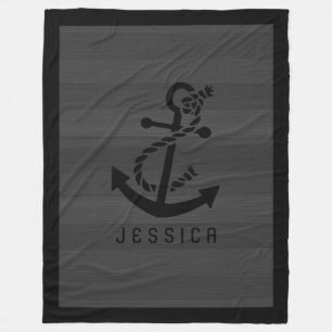 Grått Wood Planks Black Nautical Anchor Fleecefilt