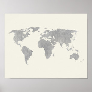 Grått World Map on canvas-bakgrund Poster